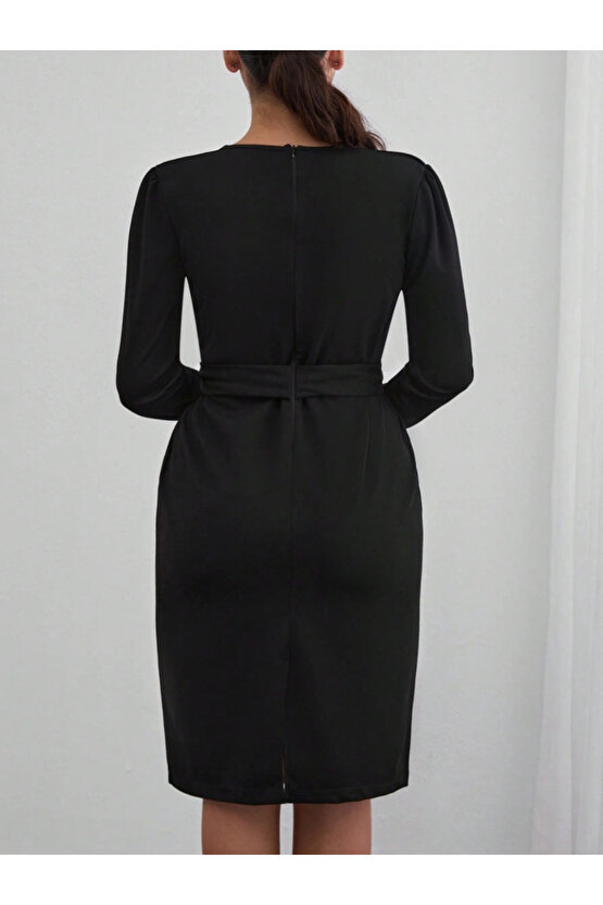 Kadın Uzun Kollu Düğme Detaylı Kendinden Kemerli Ithal Krep Elbise