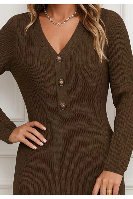 Kadın Uzun Kollu V Yakalı önden Düğmeli Kısa Triko Elbise