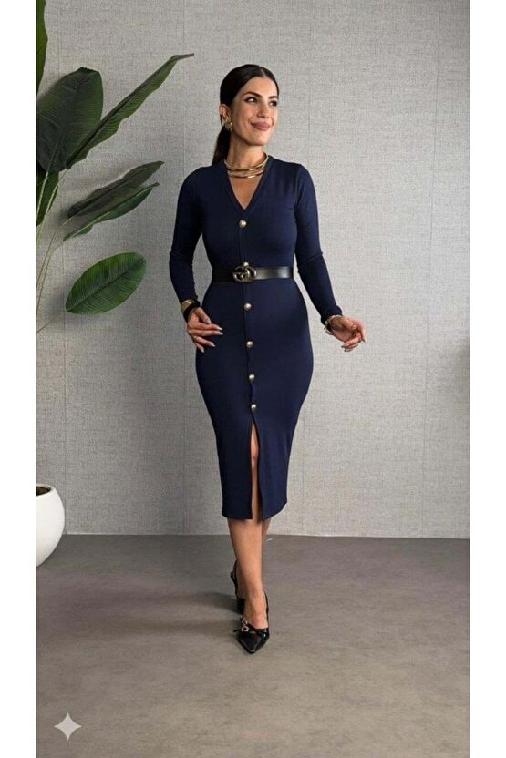 Kadın Uzun Kollu V Yakalı önden Düğmeli Yırtmaçlı Modal Midi Kemersiz Elbise