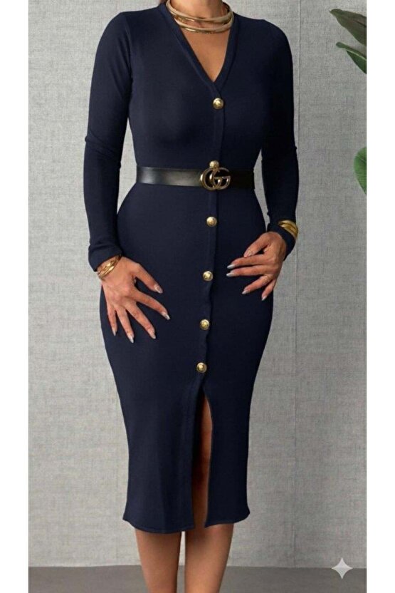 Kadın Uzun Kollu V Yakalı önden Düğmeli Yırtmaçlı Modal Midi Kemersiz Elbise