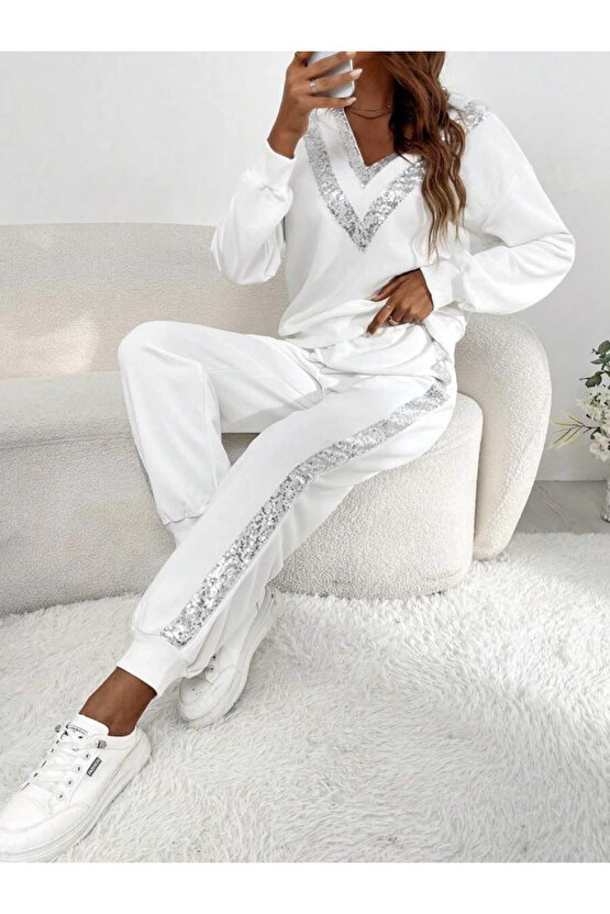 Kadın Uzun Kollu V Yakalı Pulpayetli Viskon Iki Iplik Bluz Ve Pantolon