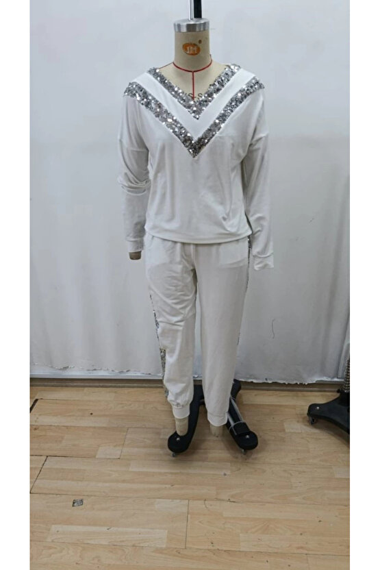 Kadın Uzun Kollu V Yakalı Pulpayetli Viskon Iki Iplik Bluz Ve Pantolon