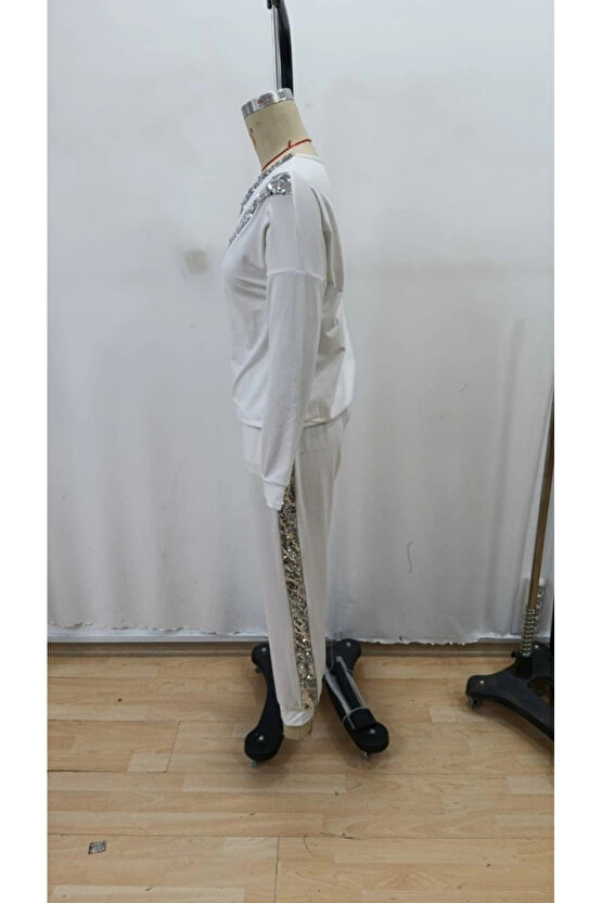 Kadın Uzun Kollu V Yakalı Pulpayetli Viskon Iki Iplik Bluz Ve Pantolon