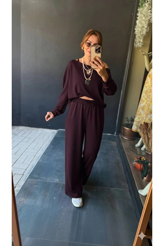 Kadın Uzun Kollu Tek Omuzdan Açık Viskon Iki Iplik Bluz Ve Pantolon Ikili Takım