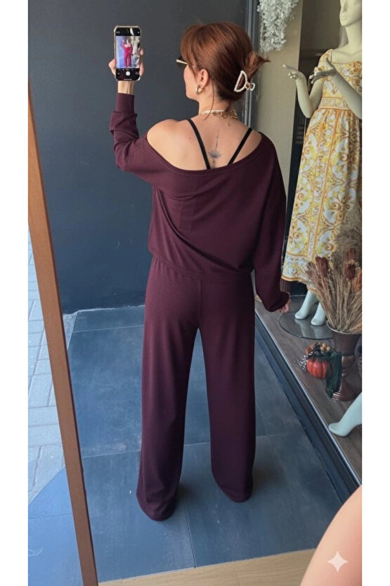 Kadın Uzun Kollu Tek Omuzdan Açık Viskon Iki Iplik Bluz Ve Pantolon Ikili Takım