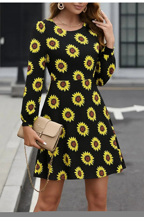 Kadın Uzun Kollu Yakalı önü Düğmeli Desenli Belden Kuşaklı Uzun Süprem Elbise