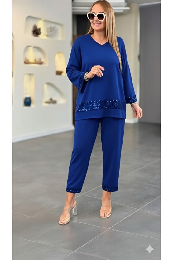 Kadın Uzun Kollu V Yakalı Pulpayet Viskon Iki Iplik Bluz Ve Pantolon Takım