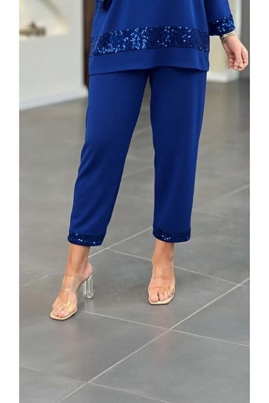 Kadın Uzun Kollu V Yakalı Pulpayet Viskon Iki Iplik Bluz Ve Pantolon Takım