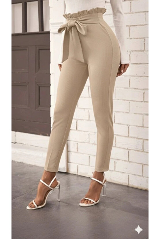 Kadın Yüksek Bel Beli Fırfırlı önden Bağlamalı Ithal Krep Pantolon