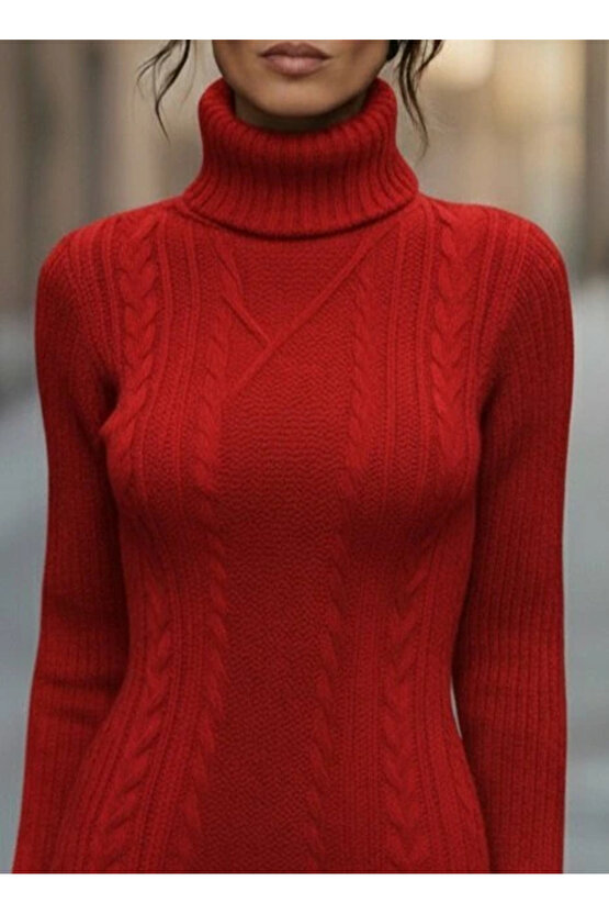 Kadın Uzun Kollu Balıkçı Yaka Kısa Triko Elbise