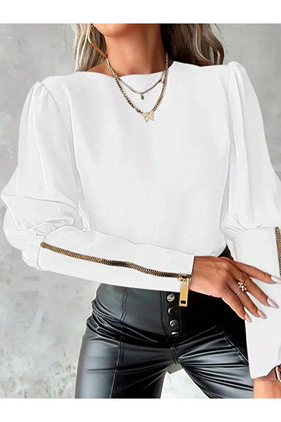 Kadın Uzun Kollu Bisiklet Yaka Fermuar Detaylı Ithal Krep Bluz