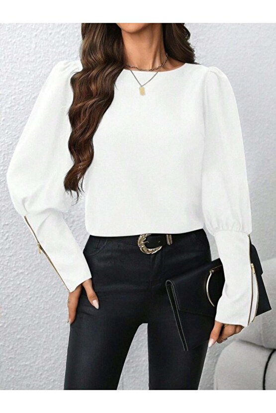 Kadın Uzun Kollu Bisiklet Yaka Fermuar Detaylı Ithal Krep Bluz