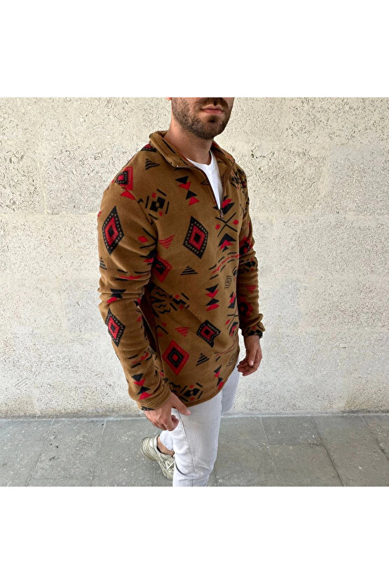Erkek Yarım Fermuarlı Desenli Polar Sweat Tribal Etnik Desen Yakalı, Uzun Kollu, Oversize Rahat Kalı