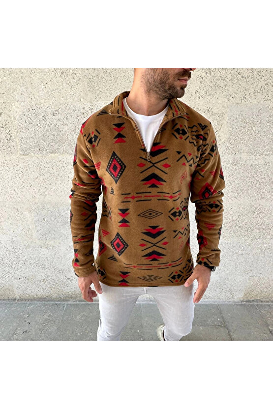 Erkek Yarım Fermuarlı Desenli Polar Sweat Tribal Etnik Desen Yakalı, Uzun Kollu, Oversize Rahat Kalı