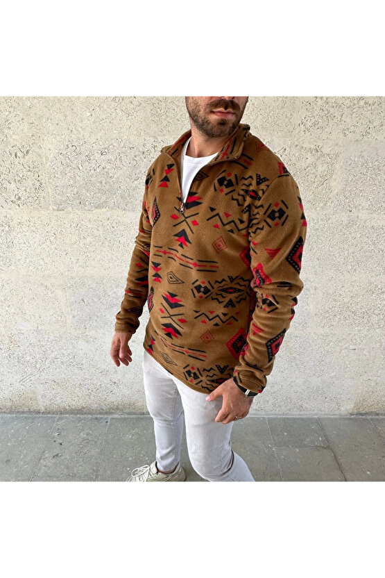Erkek Yarım Fermuarlı Desenli Polar Sweat Tribal Etnik Desen Yakalı, Uzun Kollu, Oversize Rahat Kalı