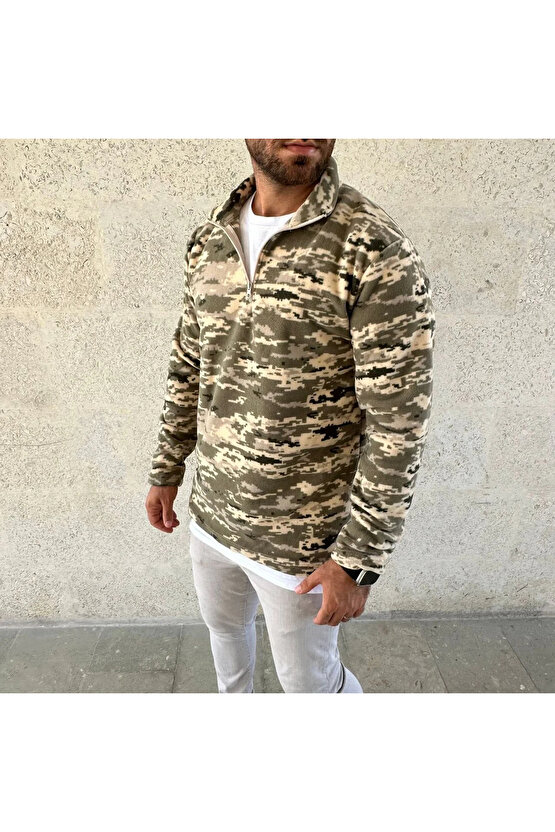 Erkek Yarım Fermuarlı Desenli Polar Sweat – Haki Kamuflaj Yakalı, Uzun Kollu, Oversize Rahat Kalıp -