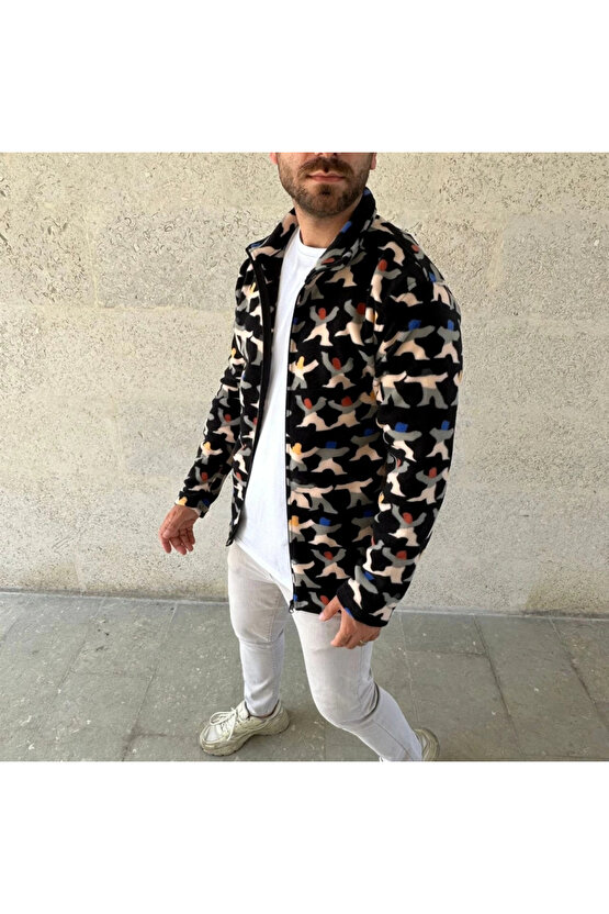 Erkek Tam Fermuarlı Desenli Polar Sweat – Siyah Multicolor Figür Desen Yakalı, Uzun Kollu, Oversize