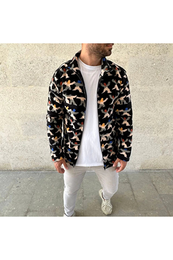 Erkek Tam Fermuarlı Desenli Polar Sweat – Siyah Multicolor Figür Desen Yakalı, Uzun Kollu, Oversize