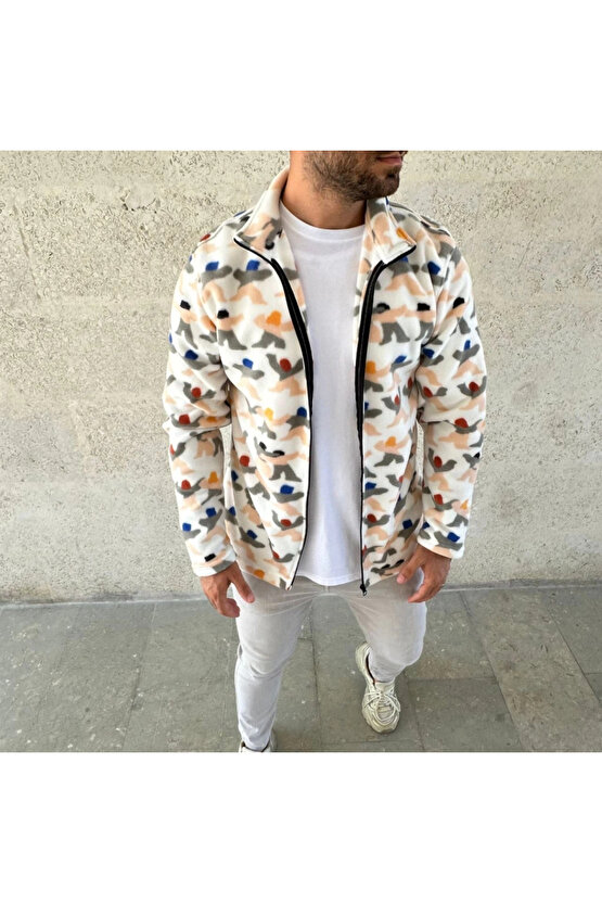 Erkek Tam Fermuarlı Desenli Polar Sweat – Siyah Multicolor Figür Desen Yakalı, Uzun Kollu, Oversize