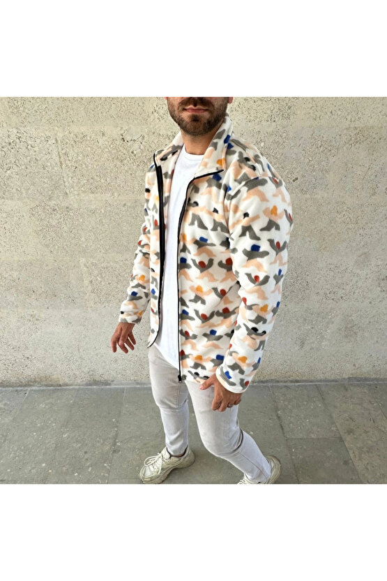 Erkek Tam Fermuarlı Desenli Polar Sweat – Siyah Multicolor Figür Desen Yakalı, Uzun Kollu, Oversize