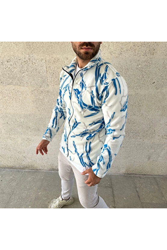 Erkek Tam Fermuarlı Desenli Polar Sweat Lightning Desen Yakalı, Uzun Kollu, Oversize Rahat Kalıp -