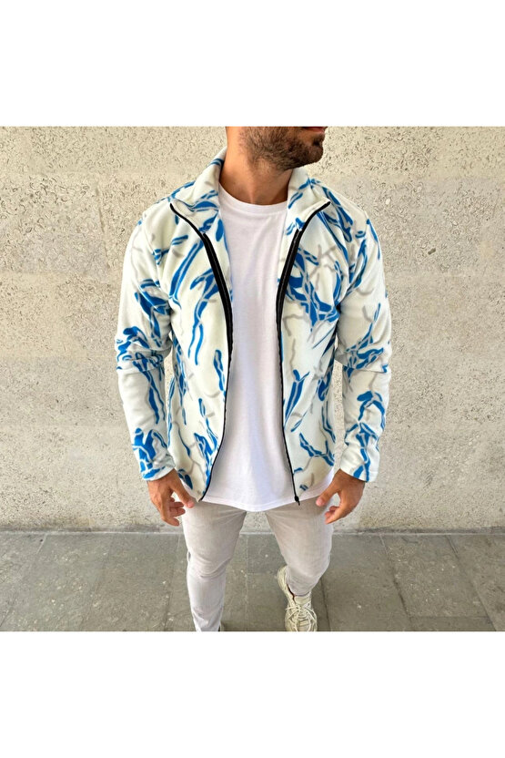 Erkek Tam Fermuarlı Desenli Polar Sweat Lightning Desen Yakalı, Uzun Kollu, Oversize Rahat Kalıp -