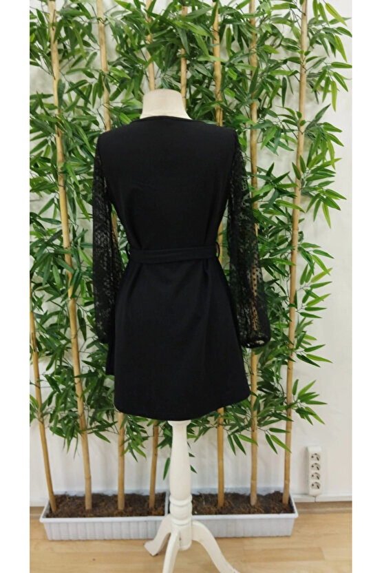 Kadın Uzun Kollu Yakadan Bağcıklı Belden Kuşaklı Ithal Krep Elbise