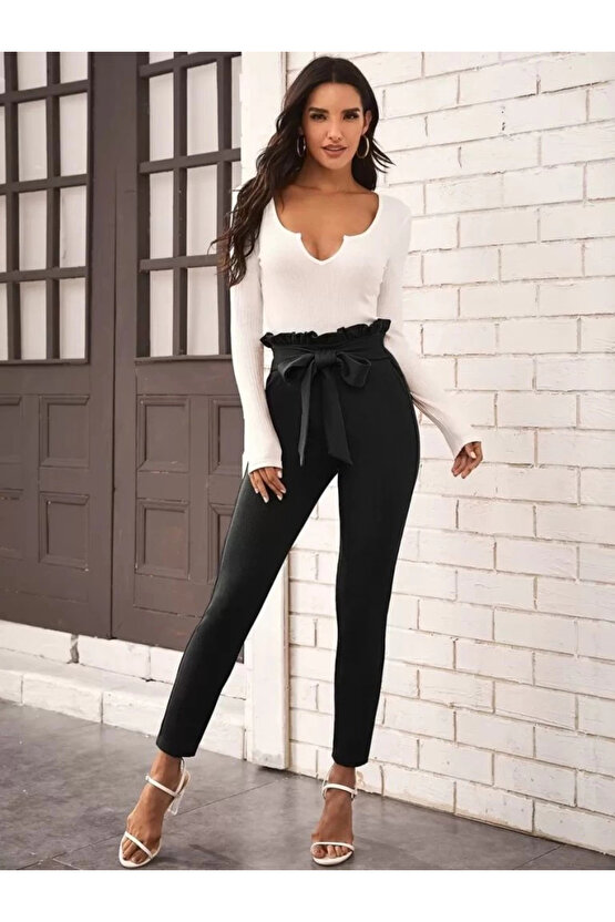 Kadın Yüksek Bel Beli Fırfırlı önden Bağlamalı Ithal Krep Pantolon