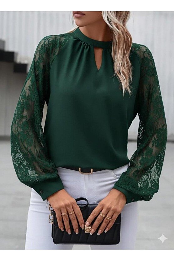 Kadın Uzun Dantel Kollu Yuvarlak Yakalı Sandy Bluz