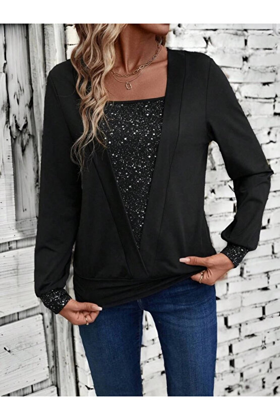 Kadın Uzun Kollu V Yakalı Içi Süprem Desenli Dışı Viskon Bluz