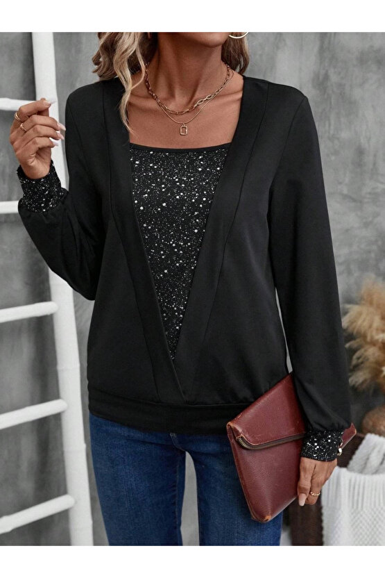 Kadın Uzun Kollu V Yakalı Içi Süprem Desenli Dışı Viskon Bluz