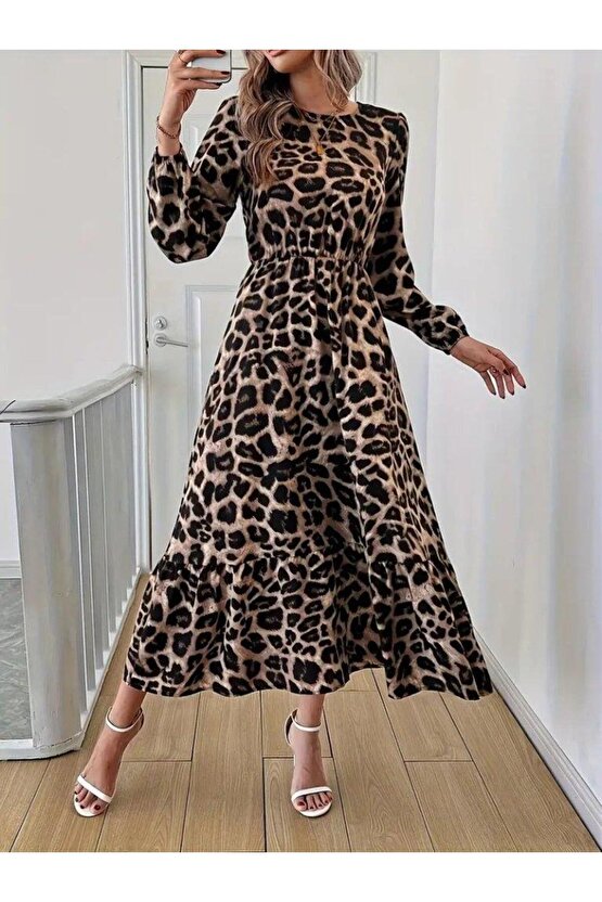 Uzun Kollu Bisiklet Yaka Leopar Desenli Midi Süprem Elbise