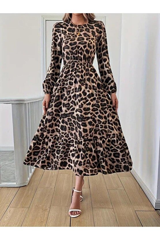 Uzun Kollu Bisiklet Yaka Leopar Desenli Midi Süprem Elbise