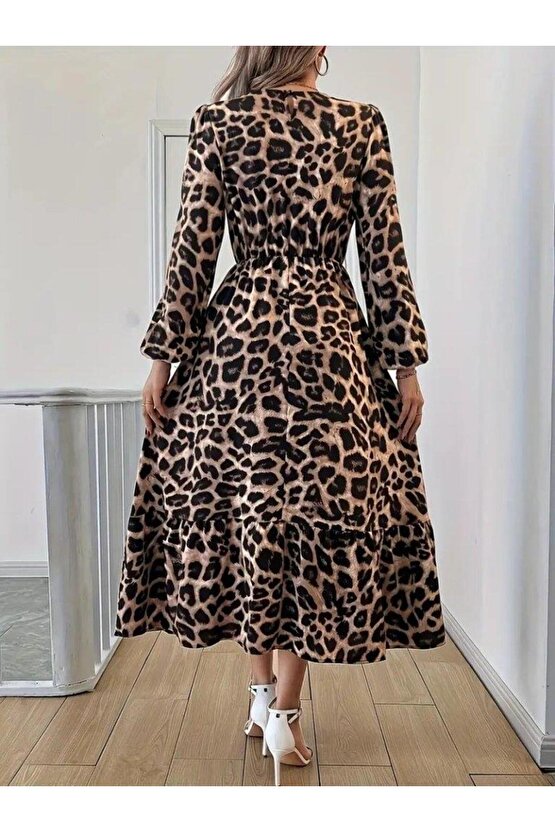 Uzun Kollu Bisiklet Yaka Leopar Desenli Midi Süprem Elbise