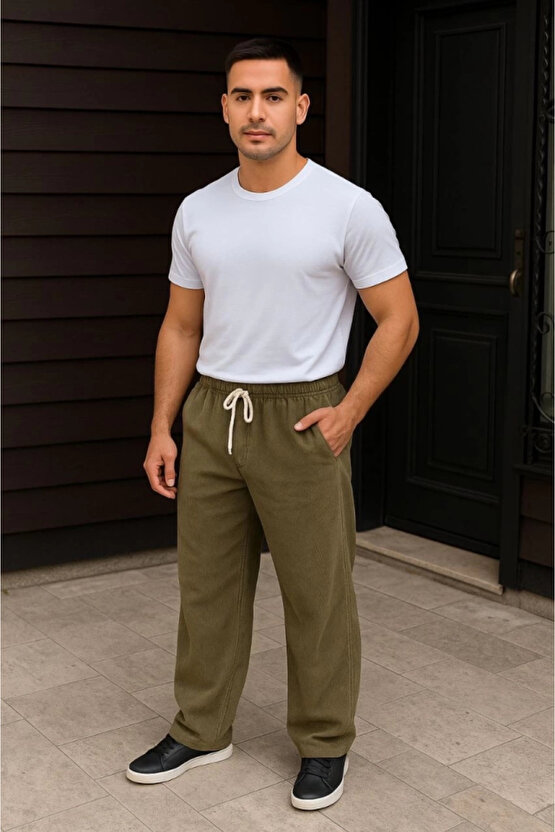 MDB Erkek Fitilli Kadife Cepli Buggy Pantolon Oversize Rahat Kalıp Haki