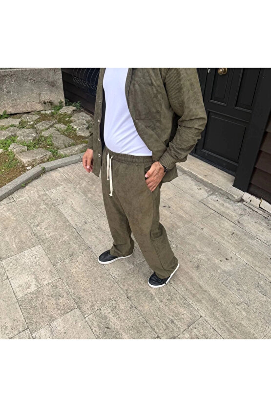 MDB Erkek Fitilli Kadife Cepli Buggy Pantolon Oversize Rahat Kalıp Haki