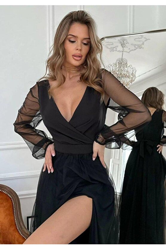 Kadın Uzun Kollu Kruvaze Yakalı Belden Kuşaklı Tüllü Uzun Ithal Krep Elbise