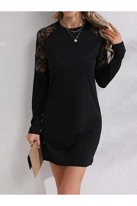 Kadın Uzun Kollu Bisiklet Yaka Dantel Detaylı Visk8n Iki Iplik Düğmeli Mini Elbise