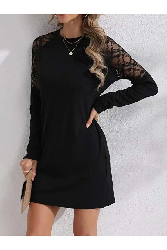 Kadın Uzun Kollu Bisiklet Yaka Dantel Detaylı Visk8n Iki Iplik Düğmeli Mini Elbise