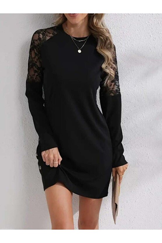 Kadın Uzun Kollu Bisiklet Yaka Dantel Detaylı Visk8n Iki Iplik Düğmeli Mini Elbise