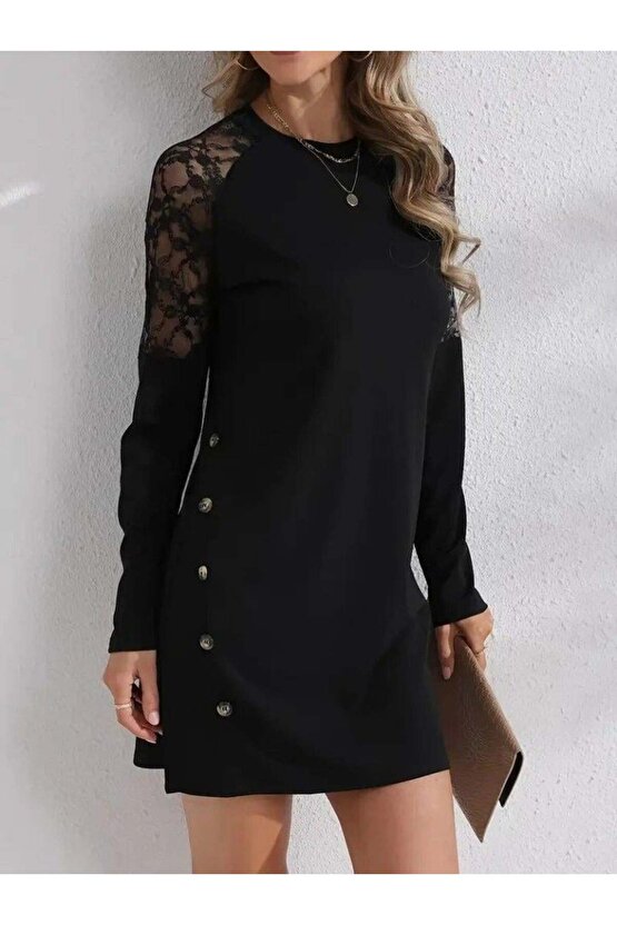 Kadın Uzun Kollu Bisiklet Yaka Dantel Detaylı Visk8n Iki Iplik Düğmeli Mini Elbise