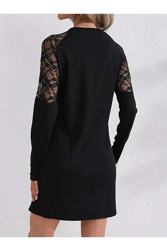 Kadın Uzun Kollu Bisiklet Yaka Dantel Detaylı Visk8n Iki Iplik Düğmeli Mini Elbise