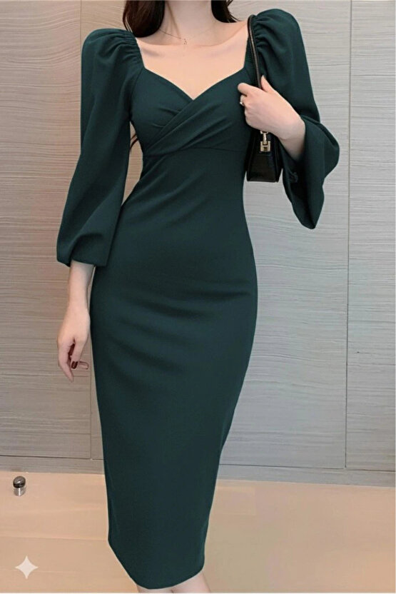 Kadın Uzun Kollu Kalp Yakalı Midi Ithal Krep Elbise