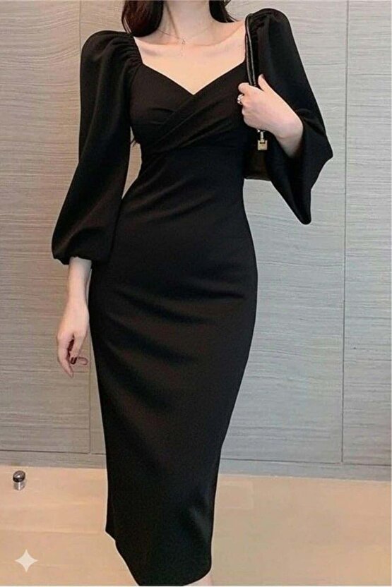 Kadın Uzun Kollu Kalp Yakalı Midi Ithal Krep Elbise