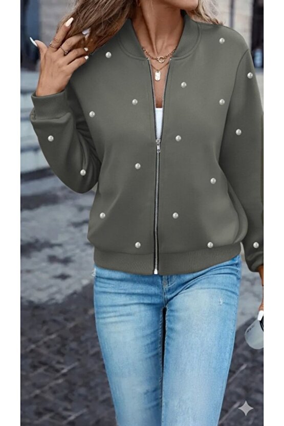 eyesof Kadın Uzun Kollu önden Fermuarlı Incili Kısa Modal Ceket