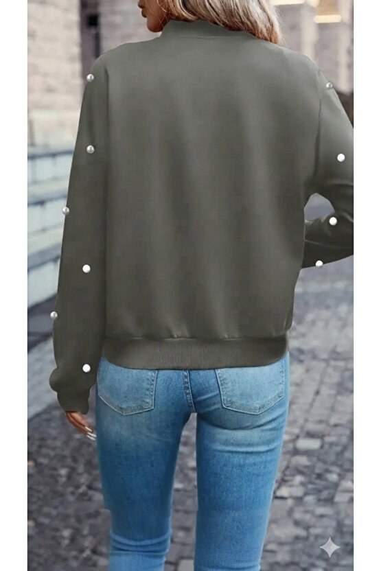 eyesof Kadın Uzun Kollu önden Fermuarlı Incili Kısa Modal Ceket