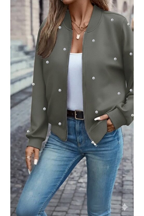 eyesof Kadın Uzun Kollu önden Fermuarlı Incili Kısa Modal Ceket
