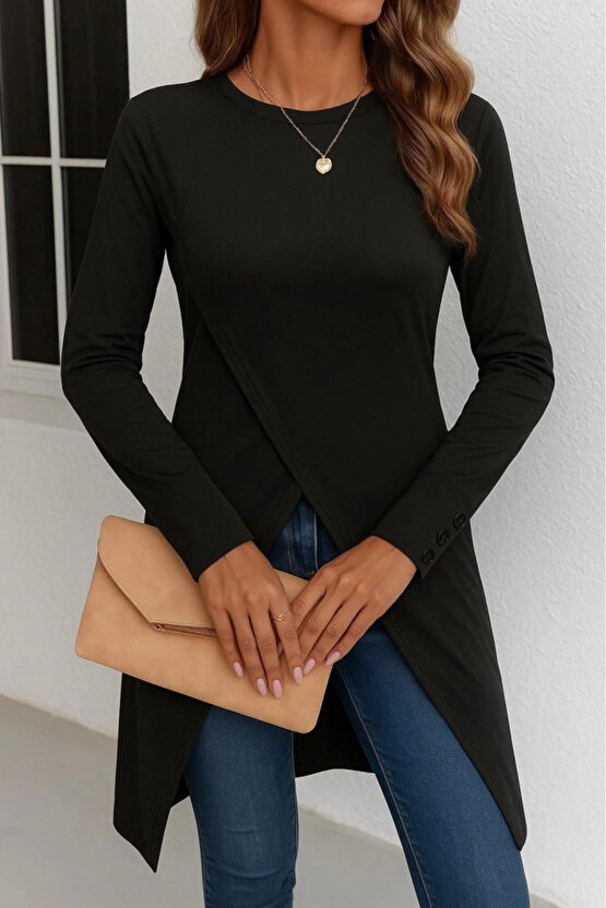 Kadın Uzun Kollu Bisiklet Yaka önden çapraz Kesim Detay Midi Viskon Bluz