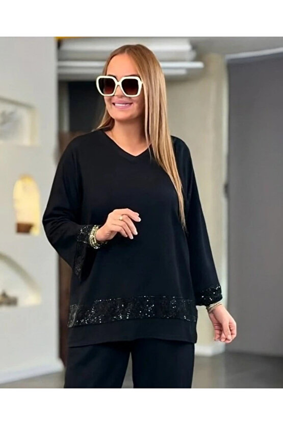 Kadın Uzun Kollu V Yakalı Pulpayet Viskon Iki Iplik Bluz Ve Pantolon Takım