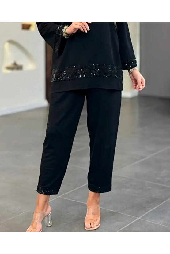 Kadın Uzun Kollu V Yakalı Pulpayet Viskon Iki Iplik Bluz Ve Pantolon Takım